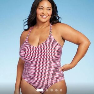 Kona Sol Women's Plus One Piece Swimsuit Swimwear Red 20 Wide Ribbed